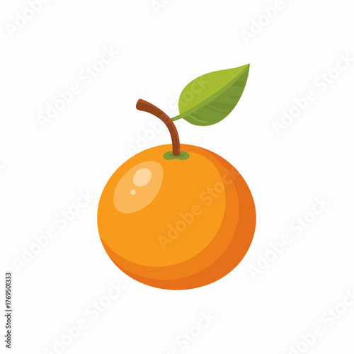 Vibrant Orange Fruit Illustration with a Green Leaf and Stem on White