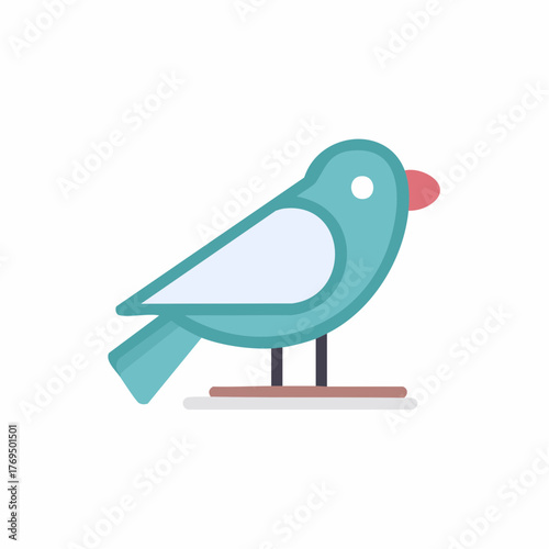 Stylized teal bird with a pink beak and white belly on a perch