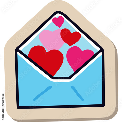 Light Blue Open Envelope with Red and Pink Hearts Floating Out on a Beige Background