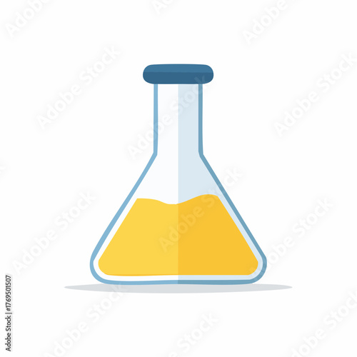 Chemical flask icon with yellow solution. Science experiment research concept.