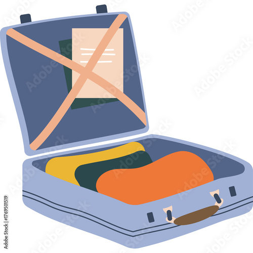 Light Blue Open Suitcase Filled With Orange Yellow and Dark Green Clothing Items with Paper and Straps Inside on Transparent Background