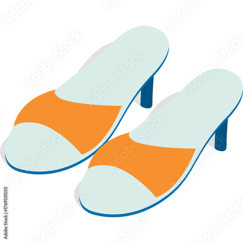 Light Blue Open Toe Mules With Orange Accents And Blue Heels On Transparent Background