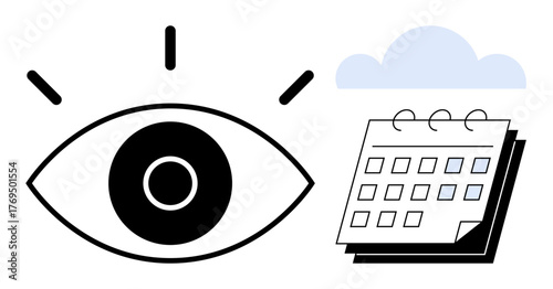 Eye with radiating lines beside a calendar icon under a cloud symbolizes awareness, foresight, scheduling, and planning. Ideal for productivity, organization, mindfulness, time management, future