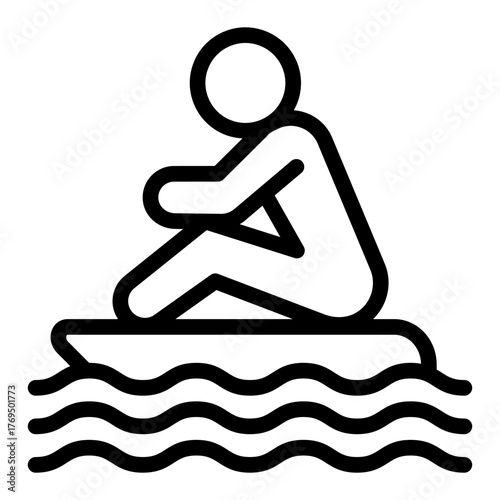 Man on raft floating in water line icon, summer sports concept. Vector graphics. Surfboard with man and sea waves sign on white background, style icon mobile or web design.