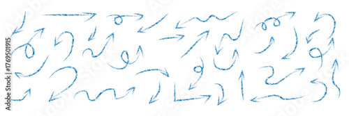 Arrow vector line icon set. Hand drawn brush sketch arrow line curve up, down shape chalk texture element set. Abstract grunge scribble chalk crayon style. Vector illustration

