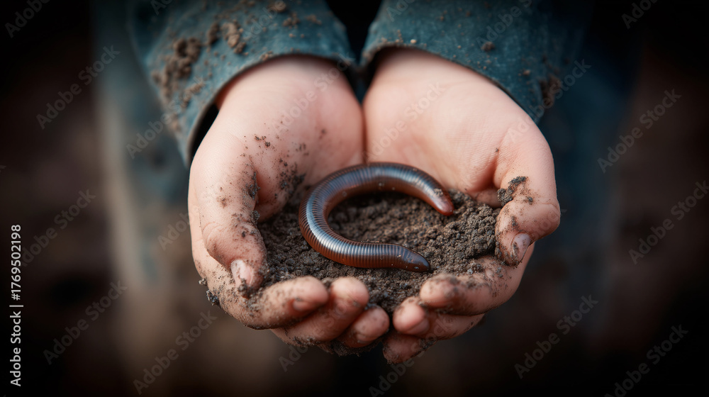 Fototapeta premium Child Holding Earthworm And Soil Against Natural Background