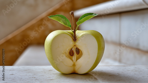 Halved green apple sliced cleanly in light colors showing seeds inside