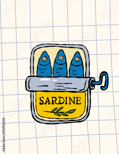 Sardines in tin can whimsical poster  sketch seafood illustration with retro kitchen style and graphic design
