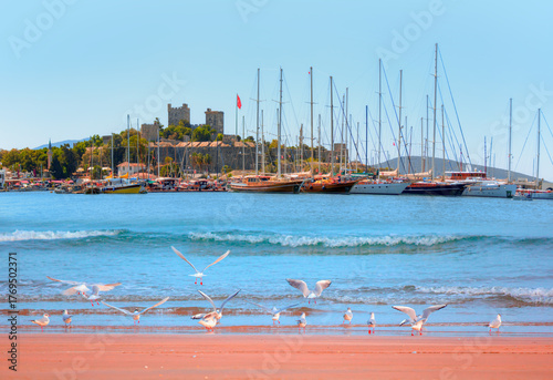 Fototapeta Naklejka Na Ścianę i Meble -  Panoramic view of Saint Peter Castle (Bodrum castle) and marina View of Bodrum beach in the foreground - Bodrum, Turkey