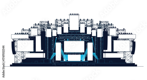 Detailed architectural illustration of a grand concert stage, featuring multiple video screens, extensive lighting rigs, and sound systems, ready for a major live performance.