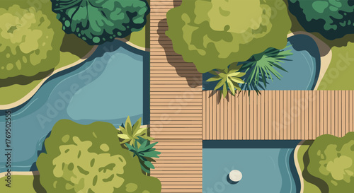 Top-down view of a serene park landscape with a winding river, wooden bridges, lush green trees, and tranquil ponds.