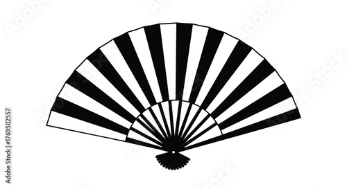 Black and white striped open hand fan with a radiating design, featuring alternating dark and light segments in a decorative pattern.