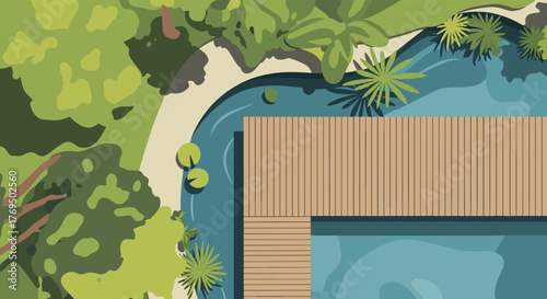 Aerial top-down view of a modern landscape design showcasing a curved pond or swimming pool, a wooden deck, and lush green plants.
