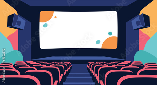 Empty movie theater interior with a blank screen ready for a film, featuring rows of seats and a modern, illustrative design.