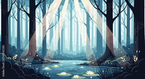 Sunlit forest pond with glowing water lilies amidst towering trees and mystical light, creating a peaceful and dreamy nature scene.