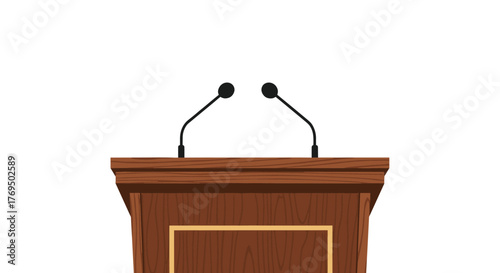 A classic wooden podium with two microphones stands ready for a speech, presentation, or public address at a formal event.