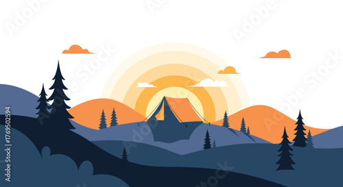 A tranquil flat design illustration of a mountain landscape with a camping tent at sunrise or sunset, surrounded by pine trees.