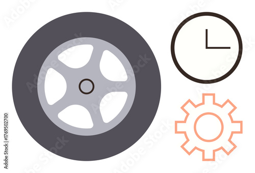 Simplistic wheel, clock, and gear icons combined to represent time, machinery, productivity, efficiency, and work processes. Ideal for teamwork, workflow time management manufacturing mechanics