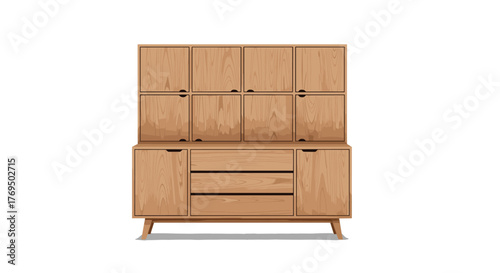 A sleek, light wood storage cabinet and hutch with various compartments and drawers, designed in a minimalist style, presented on a white background.