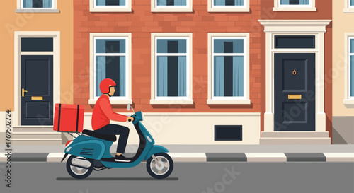 A delivery person on a blue scooter with a red insulated bag rides down an urban street past classic brick and stucco buildings.