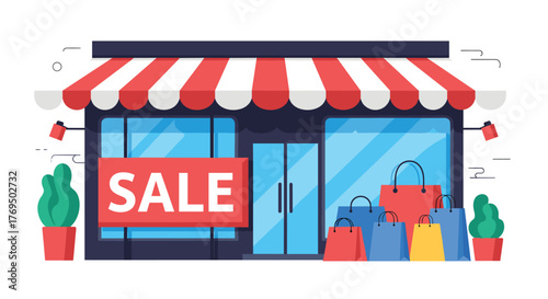 A vibrant illustration of a storefront featuring a sale sign, a red and white striped awning, and an array of colorful shopping bags.