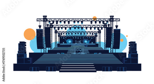 Modern concert stage setup with tiered platforms, sound systems, and lighting trusses, ready for a music festival performance.