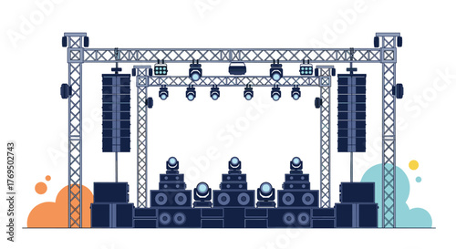 An event ready concert stage setup, featuring professional sound equipment, dynamic lighting, and robust trussing structure.