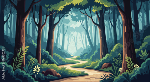 A serene pixel art forest scene with tall trees, lush undergrowth, and a winding dirt path leading into a misty distance.