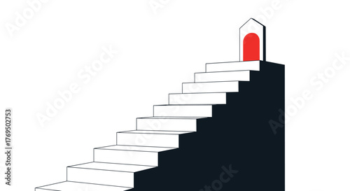 A clean, geometric illustration of white stairs leading to a peak with a red arched door, representing a path to success and new opportunities.