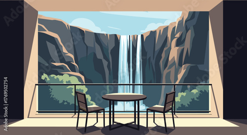 Pixel art illustration of a serene balcony view overlooking a majestic waterfall nestled between towering cliffs under a clear sky.