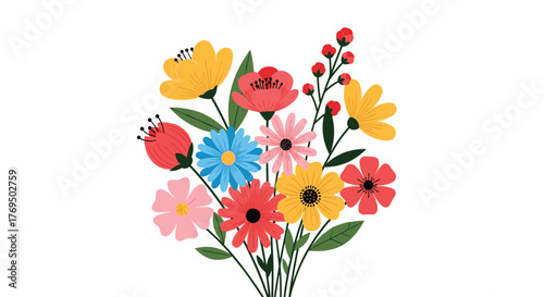 A beautifully illustrated vibrant bouquet of assorted colorful wildflowers with fresh green leaves and stems, set against a clean white background.