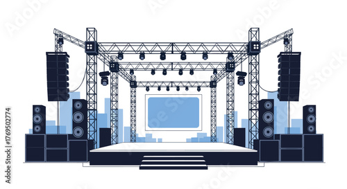 Modern concert stage with truss structure, extensive lighting, large speaker arrays, a central video screen, and a stylized city skyline.