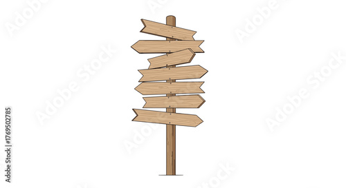A rustic wooden signpost with multiple blank arrow-shaped signs pointing in various directions, symbolizing choices, decisions, and different paths ahead.