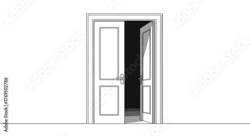 A single door stands partially open in a white wall, revealing a dark interior beyond, with light casting a shadow on the inside of the door.