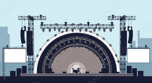 Large outdoor music festival stage set up with advanced lighting, sound systems, and a drum kit, ready for a live performance.