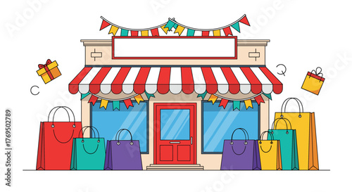 A festive storefront adorned with colorful shopping bags, floating gift boxes, and decorative banners, symbolizing a sale or celebration.