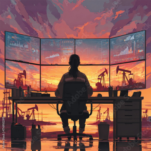 Modern vector illustration of female engineer analyzing drilling data on multiple screens at oil extraction control center during sunset, symbolizing innovation. Vector illustration