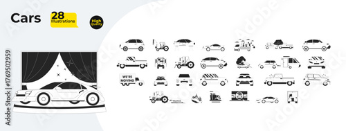Different cars and vehicles outline illustrations mega bundle. Truck, agricultural tractor, ambulance. Accidents. Automotive shop 2D linear images isolated. Collection black and white vector drawings
