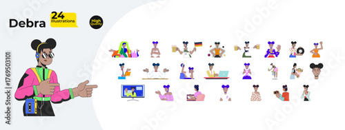 African american woman with work, fashion and celebrations cartoon flat illustrations mega bundle. 90s, Oktoberfest, telework 2D images isolated on white. Collection vector drawings colorful