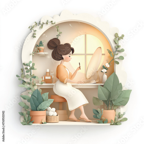 Paper-cut style vector of woman sitting by window doing makeup surrounded by plants and cosmetics, representing beauty, calmness, and self-care. Vector illustration
