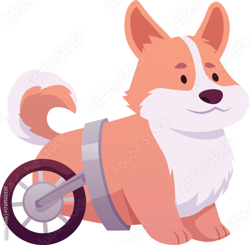 Disabled dog character, Corgi dog in wheelchair for the hind paws, vector cartoon handicapped animal pet, veterinary