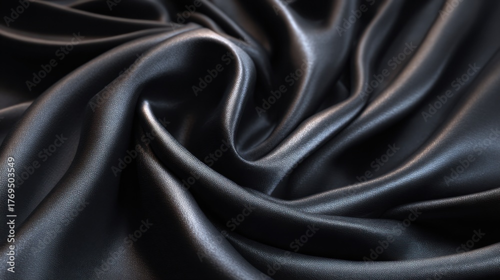 Fototapeta premium Soft black satin fabric is gently arranged to display its silky texture and rich sheen reflecting subtle light and evoking a sense of luxury and elegance.