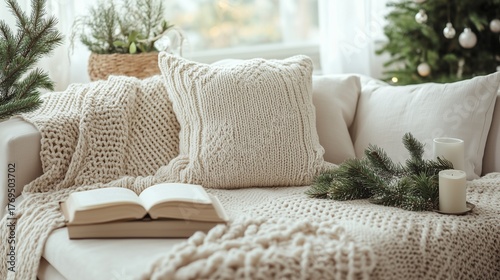 christmas hygge interior soft muted palette of whites, taupe, and pine greens with hand-knit textures and books, pastel minimalistic illustration