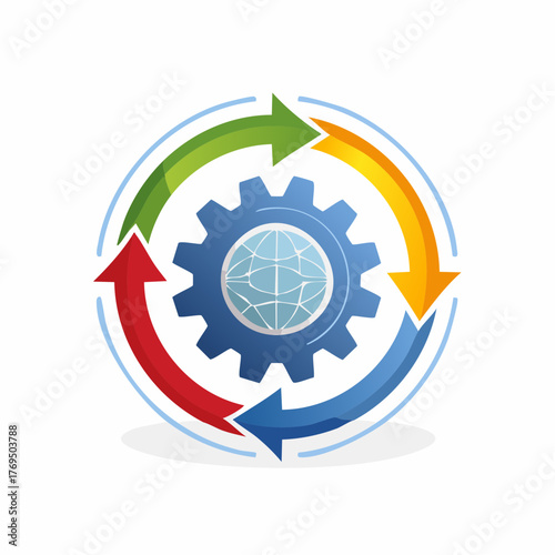 Blue Gear with Globe Overlay Surrounded by Multicolored Arrows in a Circular Flow on White world earth