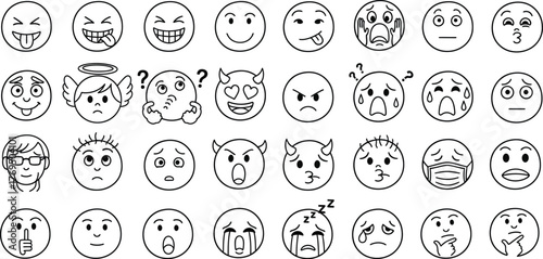 Diverse collection of expressive emoji faces showcasing a range of emotions and moods.