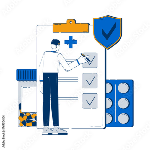 Health insurance claims doodle illustration concept. Prescription medication coverage. Asian man with medical checklist and pills cartoon 2D character isolated on white. Hand drawn vector metaphor