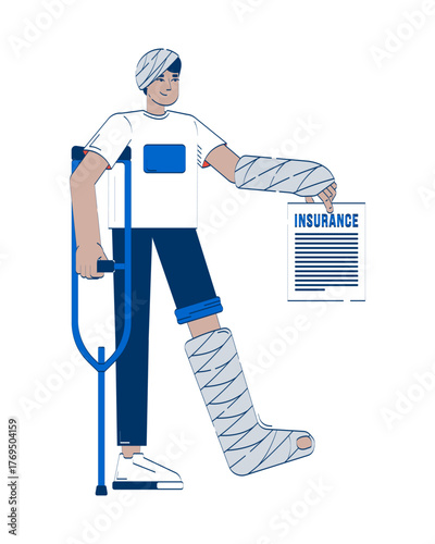 Accident insurance doodle illustration concept. Personal injury protection. Broken leg. Insured policy holder indian man with crutch cartoon 2D character isolated on white. Hand drawn vector metaphor