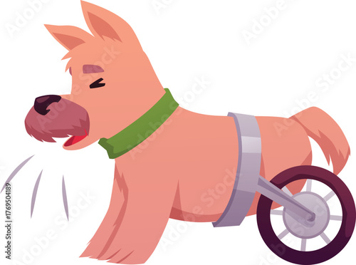 Disabled dog, sick brown puppy in wheelchair for the hind paws, vector cartoon handicapped animal pet, veterinary