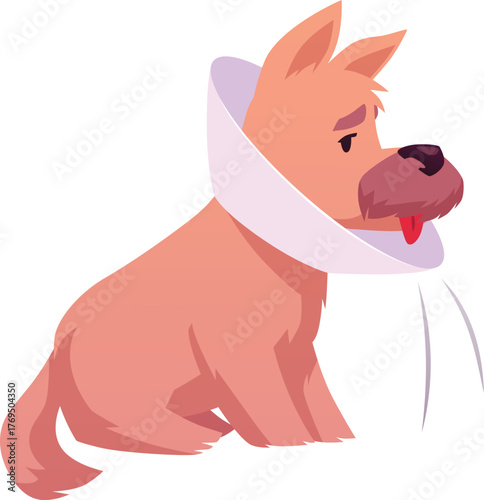 Dog in cone collar stuck out his tongue, vector flat brown puppy wrapped in Elizabethan collar, protection from licking