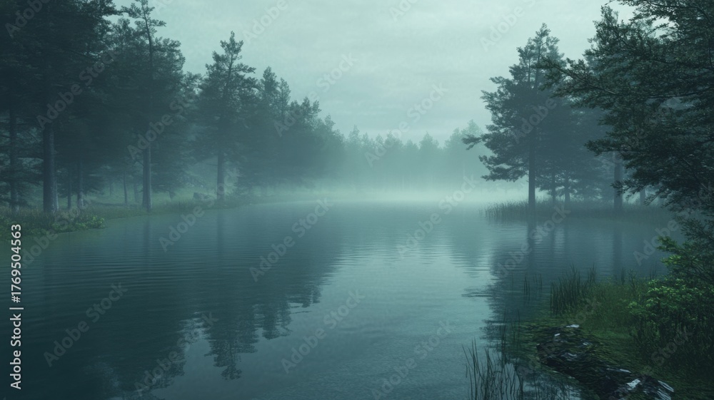 Obraz premium Misty lake surrounded by dark pine forest with still water reflecting foggy sky